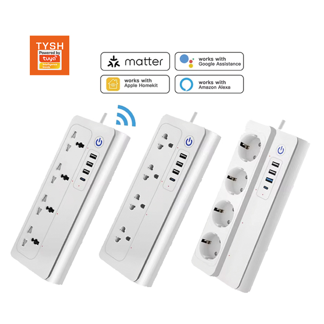 TYSH Smart Home Electric Power Strip Alexa/Google Home Voice Control IP35 Rated 16A USB Type C Outlets UK/EU/US WiFi