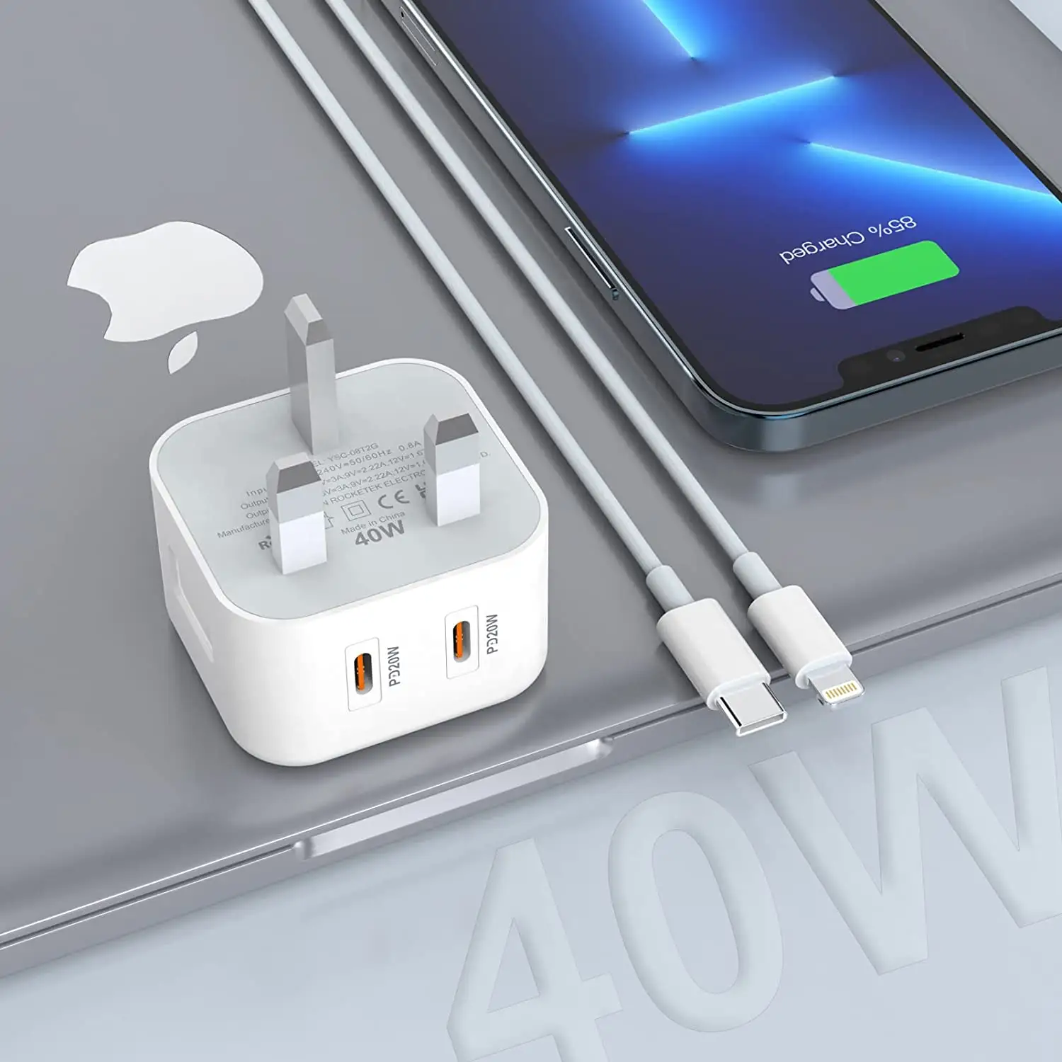 UK Plug 40W Dual Port Power Adapter Usb Type C Charger 40W PD Fast Charger Dual PD Travel Charger For iPhone 14 13 iPad