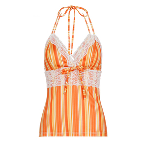 Vestido camisero sexy de verano naranja con cuello en V, transpirable, de punto, con encaje a cuadros, adelgazante, para vacaciones, para mujer, con espalda descubierta - Product Image 6