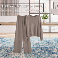 Ensemble pull ample et pantalon large pour femme, motif géométrique patchwork, col mandarin, en mélange viscose et laine, anti-rides, collection automne de luxe