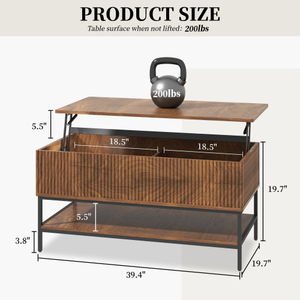 Table basse relevable rectangulaire de 39,4 pouces, style farmhouse avec rangement dissimulé et étagère inférieure, pieds <span class=keywords><strong>en</strong></span> acier robustes - Product Image 4