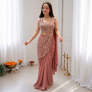 Conjunto de Saree Rosa Polvoriento Bordado para Mujer, Blusa sin Mangas, Largo hasta el Suelo, Traje de Boda Indio Pakistaní - Product Image 1