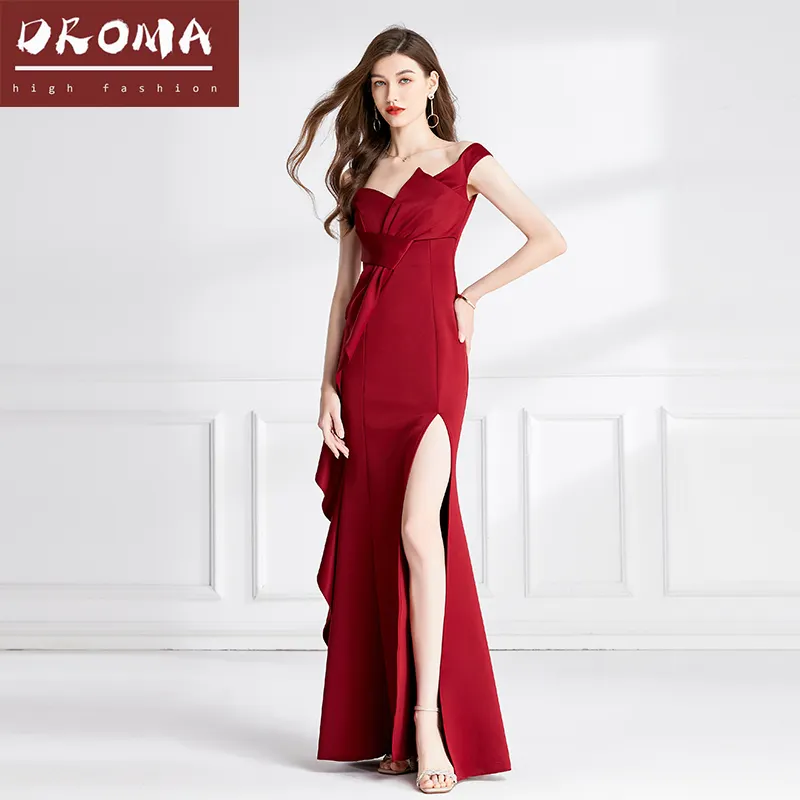 Droma2024ベストセールセクシーノースリーブワンショルダースリミングファッションレッドパーティードレス女性控えめな高級イブニングドレス