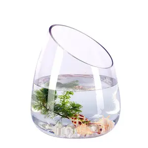 办公室桌面迷你斜口加厚透明玻璃圆形金鱼缸花瓶
