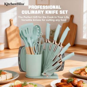 Kitchenbliss 19pcs Wood Handle Kitchen Utensils <b>Set</b> Silicone Kitchenware <b>Cookware</b> Knife <b>Set</b> with Cutting Board and Holder Box - Product Image 1
