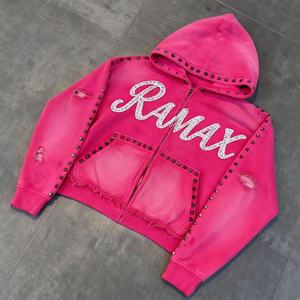 Fabricante de Ropa: Chaquetas con Capucha para Hombre, de Corte Holgado y Corto, con Bordado, Lavado Ácido Rosa, Efecto Diamante y Desgastado por el Sol, con Cremallera y Pedrería - Product Image 1