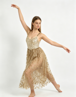 Robe de danse lyrique avec corsage orné de paillettes, bretelles croisées au dos, jupe en maille dorée scintillante, pour performance scénique contemporaine