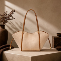Bolso Tote de Lona Color Crema Cognac con Detalles en Cuero PU, Estilo Elegante y Chic para el Día a Día, con Cordón Ajustable, Personalizable OEM