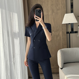 Women's Suit Set Summer Short Sleeve Double Breasted Slim Fit Polyester Anti Wrinkle Office Lady Formal Wear - Product Image 3