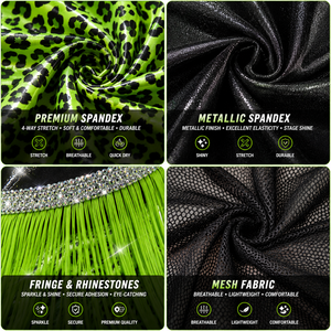 Combinaison de majorette HBCU personnalisée, vert néon, noir, argent, strass, imprimé léopard, franges en V, manches longues, découpes latérales, dos ouvert, pantalon long - Product Image 2