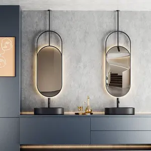 กรอบกระจกห้องน้ำทรงรีขนาดใหญ่พร้อมไฟกระจกทำจากสแตนเลสกรอบเหล็กที่ออกแบบภายใน