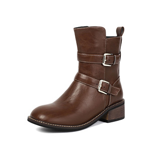 Botines Marrones de Piel Genuina con Punta Redonda, Tacón Cuadrado, Correa con Hebilla, Estilo Moto, Tacón Alto, Envío Directo - Product Image 1