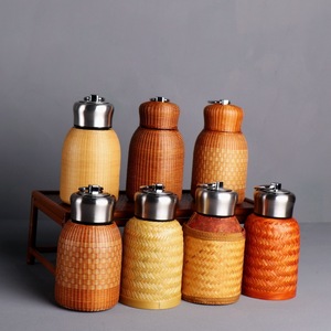 Reed Bamboo Woven Thermos Flask Stainless Steel Lid Portable Travel Tea Bottle Insulated 12 24 Hours Round Shape - Product Image 1