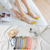 Chaussettes transparentes en soie et Nylon pour femme, été, mignon, fin, Transparent, cristal, dentelle, soie, perles