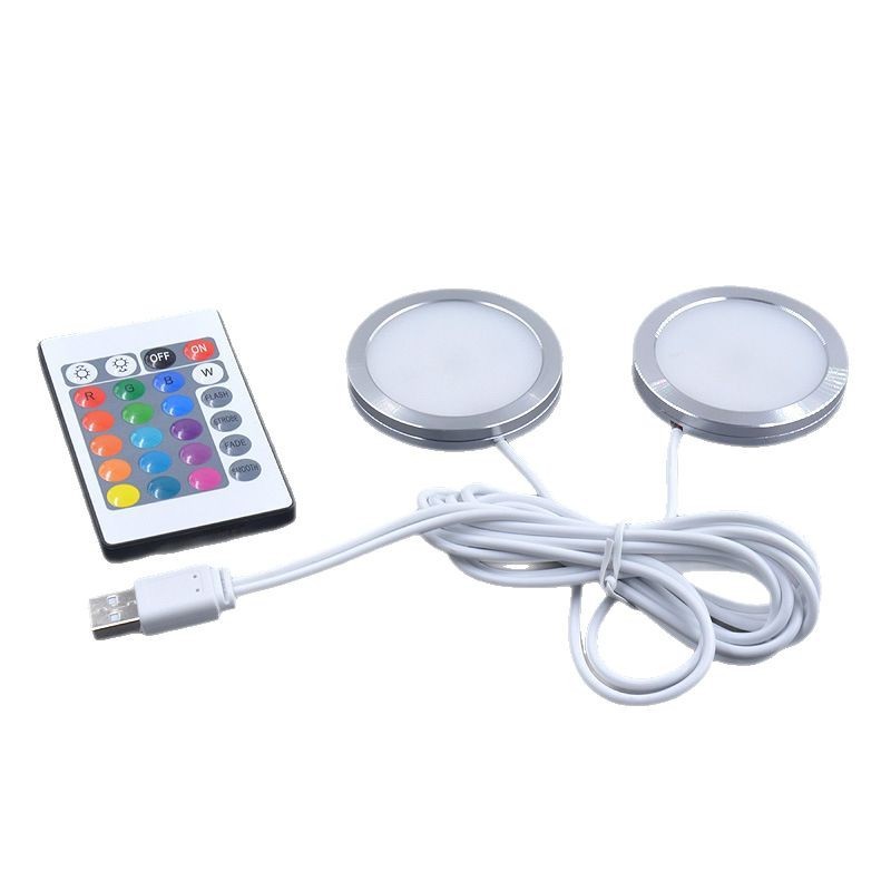 USB Dual 5V RGB Remote Control Ultra Thin Round LED Light 8mm Cabinet Display RV Lighting Base for Camper Van Cabinet Display