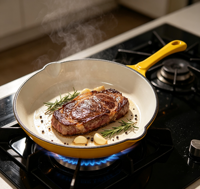 Poêle en fonte émaillée 25 cm antiadhésive, compatible four, induction et gaz, capacité 1,5 L, écologique, résistante à la chaleur, classique
