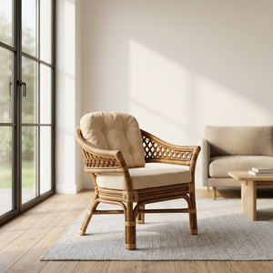 Sillón de Ratán con Cojín, Respaldo Sólido, Hecho a Mano, Silla de Descanso para Sala de Estar, Estilo Rústico Moderno para Muebles del Hogar - Product Image 3