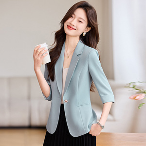 Women's Blue Blazer Summer Thin Style 80g Polyester Breathable Casual Commuter Street Style Solid Color 3D Tailoring - Product Image 1