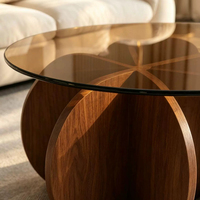 Table basse multifonctionnelle Wabi Sabi à base florale pour salon, plateau rond en verre trempé ambré résistant aux rayures, quatre pétales en MDF