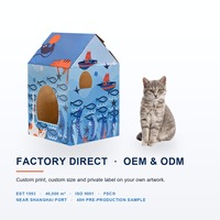 Maison et griffoir pour chat sur le thème de l'océan, en carton imprimé poissons et vie marine, pour chats d'intérieur de grande taille, vente en gros, direct usine