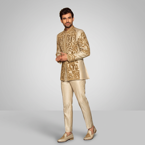 BEAUTIFUL DESIGNER ZARI EMBROIDERY on GROOM COAT & <b>PANT</b> WITH MATCHING SHOE WITH EMBELLISHED CRYSTAL GLASS BEADS,DABKA WORK=2024 - Product Image 4