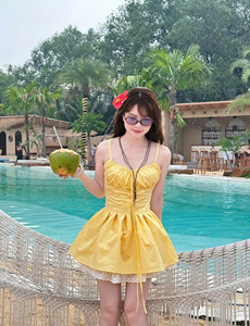 Yellow Woven <b>Spaghetti</b> <b>Strap</b> Bow Bust Mini Dress Vietnam Line Dress Sweet Feminine Bow Tie Front Bust Cup Design - Product Image 5