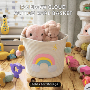 Panier de rangement en corde de coton nuage arc-en-ciel mignon avec poignées pompons, organisateur de jouets pour enfants, bac tissé pliable - Product Image 2