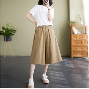 Cotton Elastic Waist Wide Leg Cropped Pants For Women Casual Breathable Solid Color Loose Fit Orange Black White Khaki 2536 - Product Image 4