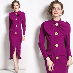 Robe de soirée élégante 2026 à col nœud, boutons dorés, manches longues, moulante, fendue, pour le bureau - Product Image 1