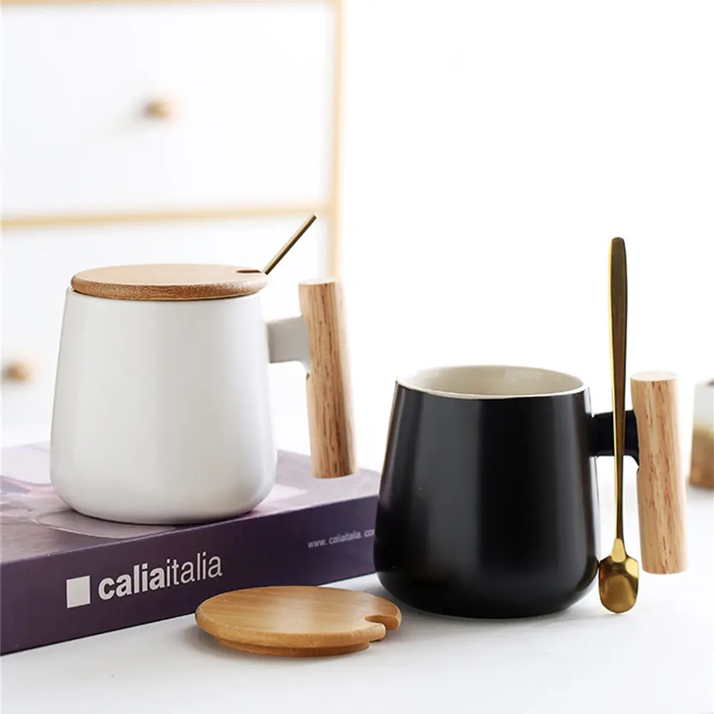 Simple Modern Big Belly Cup Wooden Handle Ceramic Mug With Lid Scoop Nordic Style Milk Coffee Mug Print logo Mug