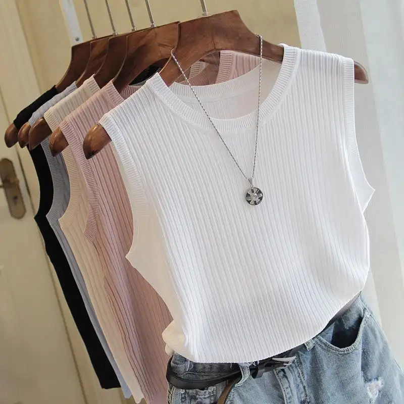 2023 Summer New Fashion Woman Knitted Vests Top O-neck Knitted Blouse Solid Tank Blusas Feale Sleeveless Casual Thin Tops