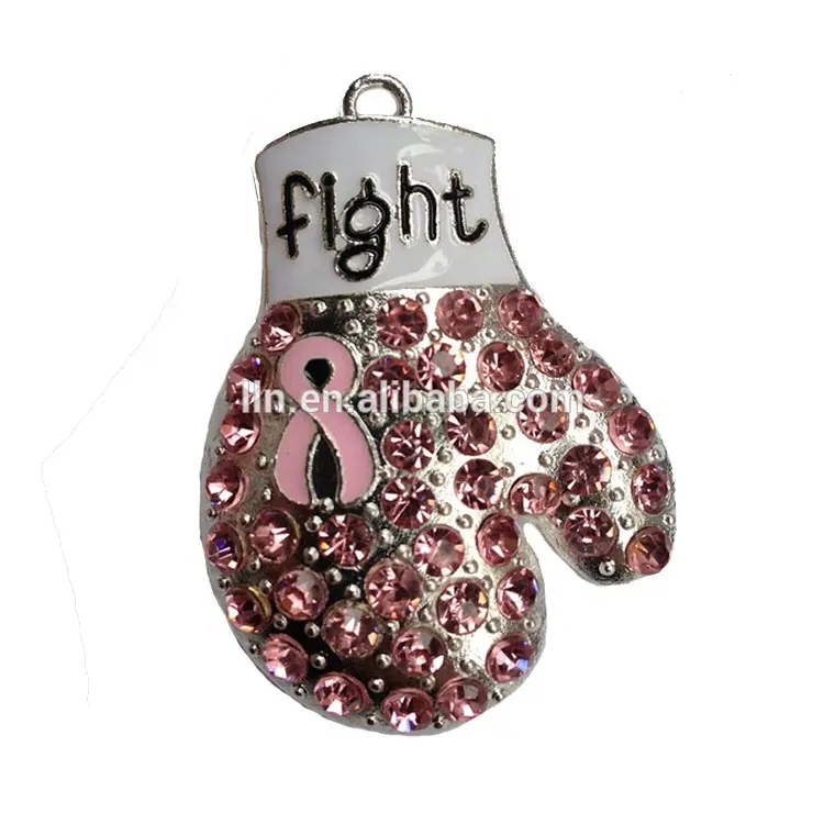 Silver PINK Ribbon BOXING GLOVE Rhinestone Pendant Breast Cancer Awareness Survivor Chunky Necklace Pendant Beads