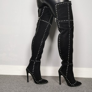 Bottes cuissardes pour femme en daim, grande taille 47, super longues, avec rivets métalliques, fermeture éclair arrière, talons aiguilles - Product Image 4