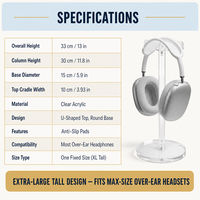 Support pour casque audio en acrylique extra large en forme de U, présentoir transparent solide pour casques supra-auriculaires de grande taille
