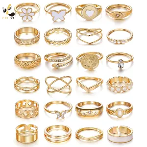 Set Cincin buku jari emas wanita, tahan air, Set cincin jari Midi Boho dapat ditumpuk antik Y2K estetika cincin