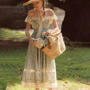 Abito Lungo da Donna Ispirato allo Stile <span class=keywords><strong>Lolita</strong></span>, Spalle Scoperte, Decorato con Pizzo, Stampa Floreale, Elegante, Estivo, con Orlo Arricciato, Vita Naturale e Bottoni - Product Image 2