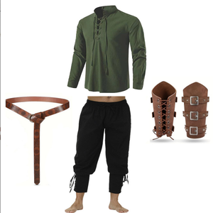 4Pcs/set Halloween Vintage Men's Renaissance Costume Set Medieval Pirate Shirt Ankle Banded Pants Belt Accessories <strong>Outfit</strong> - Product Image 2