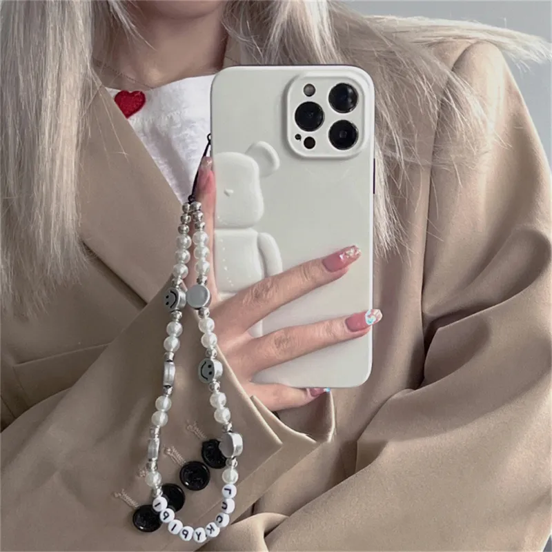 Japon Mignon 3D Ours Perle Bracelet Chaîne Plaine Téléphone étui pour iphone 13 12 11 Pro XS Max X XR Bracelet Antichoc Couverture Souple