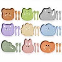 Ensemble de vaisselle pour enfants avec animaux de dessin animé, assiette en silicone, cuillère et fourchette pour bébés et tout-petits