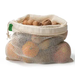 Reusable Grocery Bags Drawstring Cotton Mesh Net Tote Shopping Bag