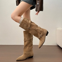 Bottes mi-mollet pour femmes, bottes souples à boucle et à bout pointu, à talons bas, pour un usage quotidien