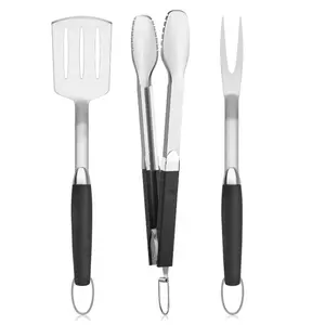 Thick Stainless Steel Grill Utensils Set, 3 Pieces BBQ Tools Spatula, Fork, Tong - Gift for Men Women