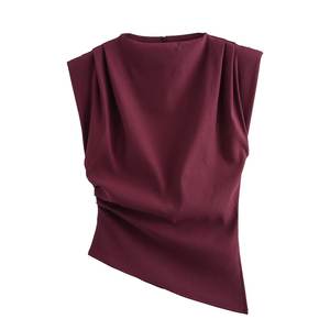 Osisa 2025 verano europeo y americano nueva <span class=keywords><strong>camiseta</strong></span> moda Color sólido arrugas hombro acolchado sin mangas mujer Top - Product Image 1