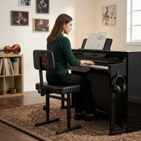 Banc de piano professionnel réglable avec cadre en acier inoxydable, dossier et assise rembourrée en cuir PU noir, taille adulte, pour usage domestique et en studio