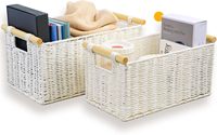 Panier de rangement en corde de papier tressée avec poignée en bois, blanc, panier de rangement en rotin pour l'organisation des étagères de salle de bain
