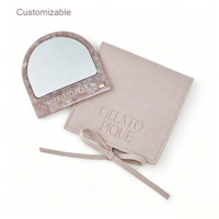 Miroir de poche en acétate marbré rose avec logo personnalisé, miroir de maquillage portable avec pochette en velours pour cadeaux, voyages, événements professionnels