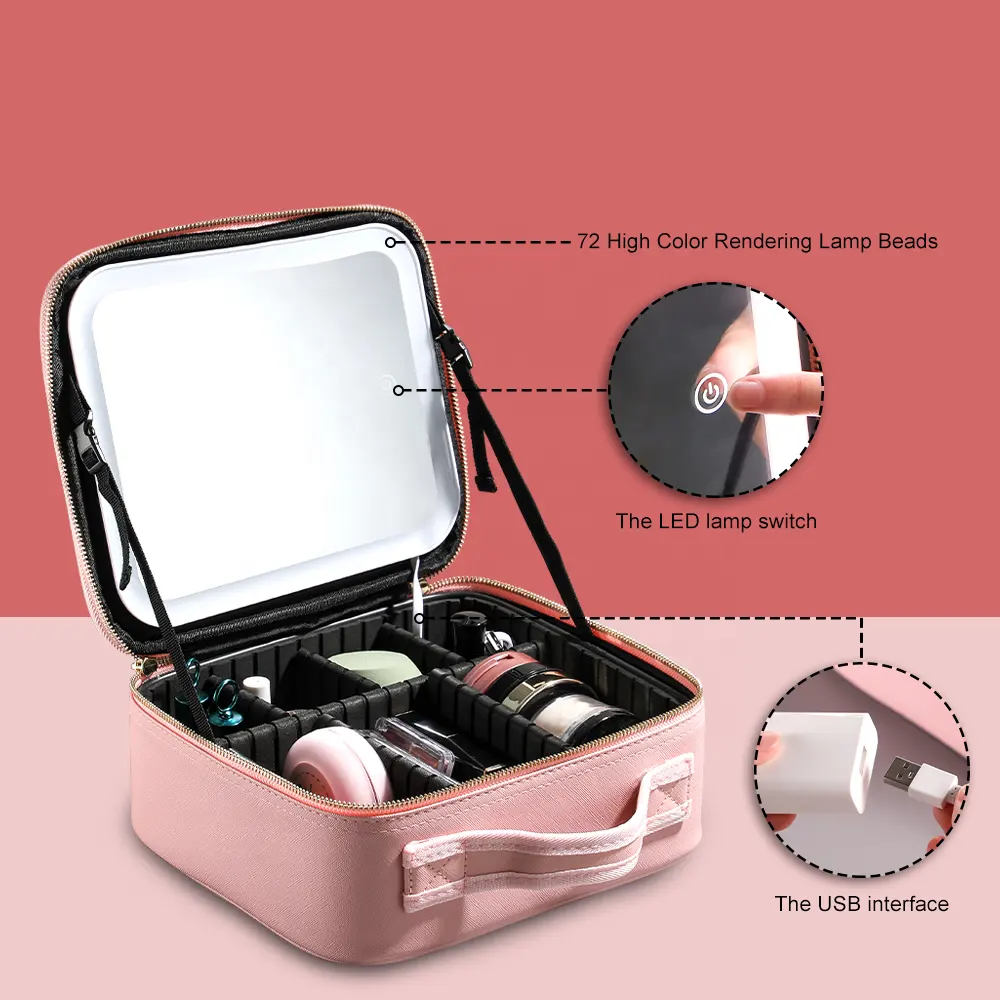 2023 neue große Kapazität Desktop-Kosmetik Aufbewahrung sbox wasserdichte Leder Reise tragbare Make-up-Tasche Fall mit LED-Lichts piegel