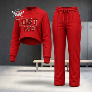 Conjunto de Sudadera Corta Roja DST 1913 para Mujer y Pantalones Jogger de Cintura Alta, Casual, de Manga Larga, Cuello Redondo, Tejido Ecológico - Product Image 3