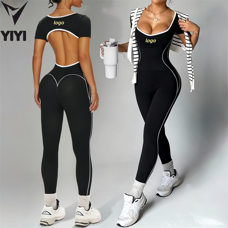Newest Seamless Yoga Bodysuits Women's U-Neck Short Sleeve High Waist Slimming Yoga Sportwear Hollow Back Fitness Jumpsuit