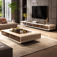 Moderne Simple Ensemble Meuble TV et Table Basse en Marbre Bois Massif pour Salle à Manger, Chambre, Entrée, École avec Accents Métal et Verre